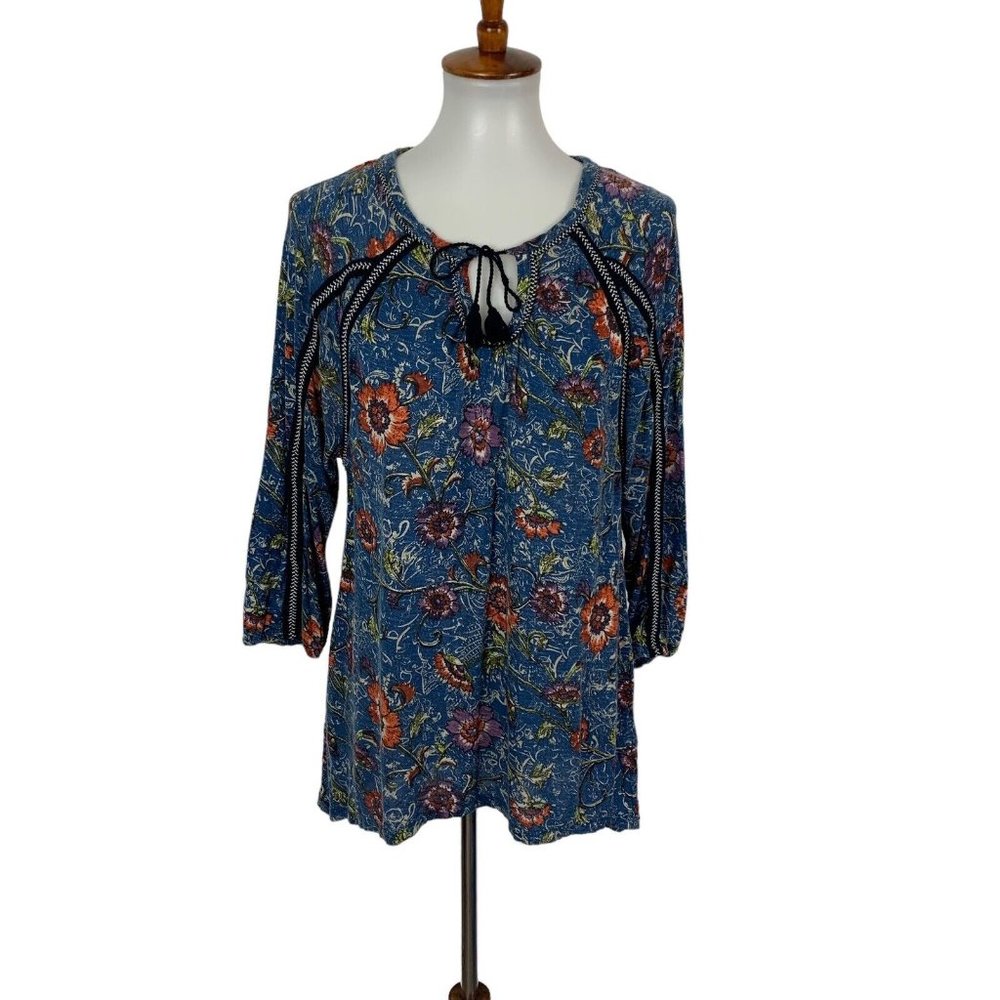 Lucky Brand Blue Floral Tie-Neck Peasant Top